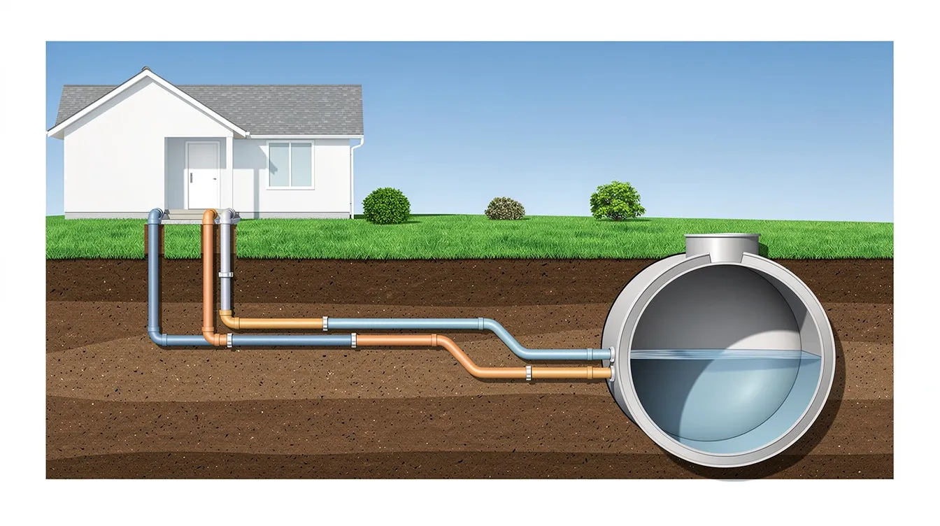 The image depicts a cross-section of a yard illustrating the connection between a house and a large underground septic tank, showcasing pipes that transport household wastewater. The septic system includes a distribution box and leach field, highlighting how the tank treats household waste and manages effluent through the soil.