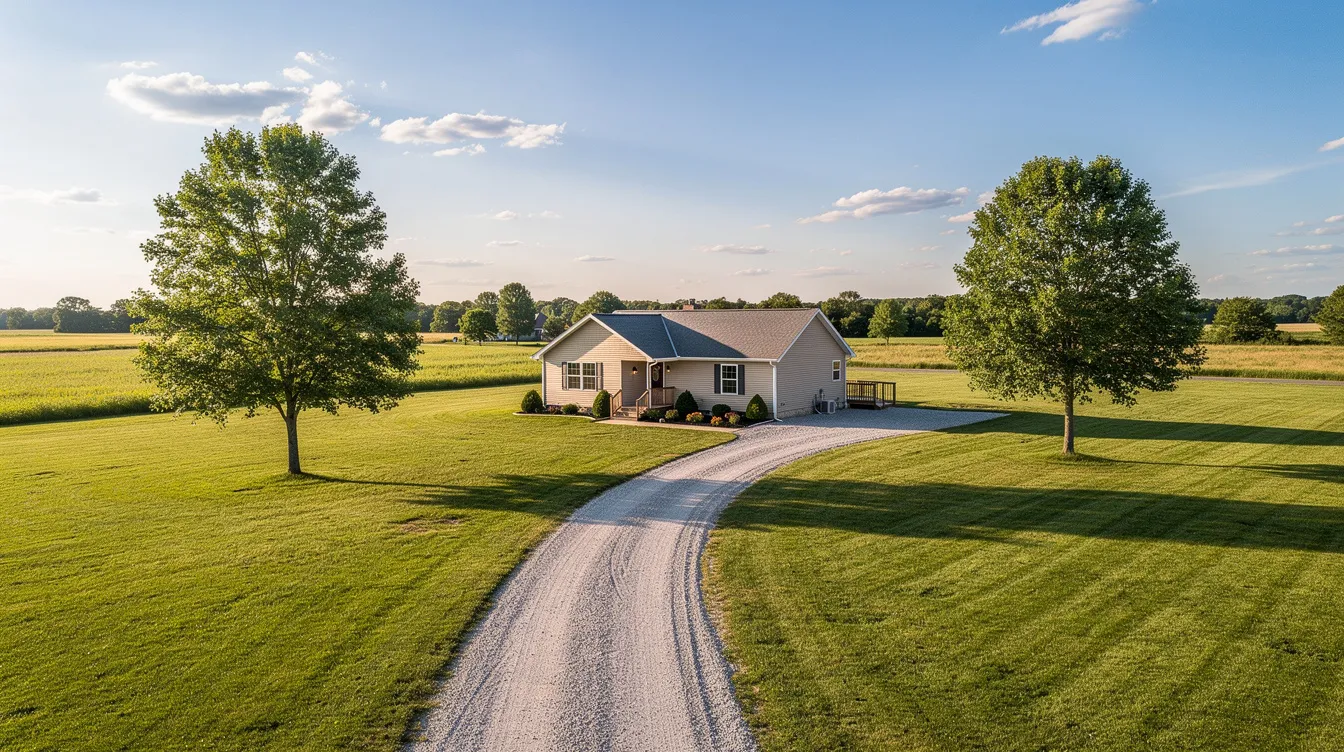 A rural home is depicted from a slight aerial angle, showcasing a large green yard and a gravel driveway on a sunny day. The image highlights the conventional septic system, which is essential for treating household wastewater and managing household waste effectively.